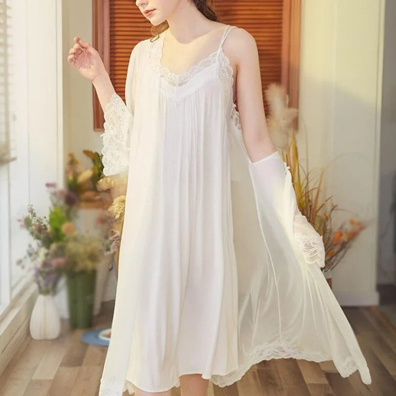 2 Pieces Set White Women Cotton Lace Elegant Nightgowns Nightdress Sleepwear Lolita Spring Summer Palace Vintage Dress Bathrobes