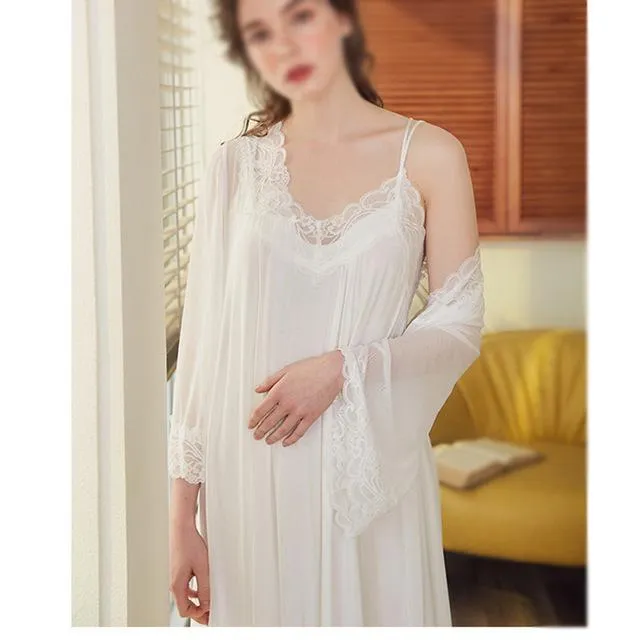 2 Pieces Set White Women Cotton Lace Elegant Nightgowns Nightdress Sleepwear Lolita Spring Summer Palace Vintage Dress Bathrobes