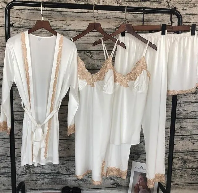 2019 New 5 PCS Lace Sexy Pajama Set  With Chest Pad Nightdress Pant Cardigan Set Sleepwear