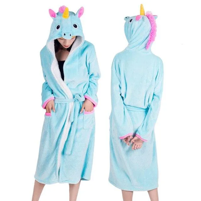 2019 Winter Thick Warm Women Unicorn Nightgowns Coral Fleece Kimono Robe Bath Suit Stitch Panda Sleepwear Animal Long Nightwear