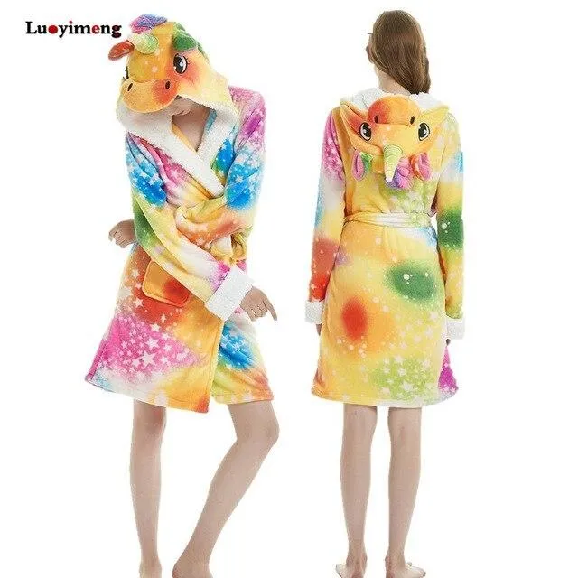 2019 Winter Thick Warm Women Unicorn Nightgowns Coral Fleece Kimono Robe Bath Suit Stitch Panda Sleepwear Animal Long Nightwear
