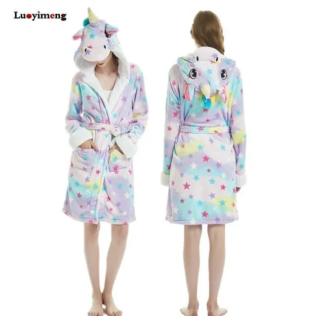 2019 Winter Thick Warm Women Unicorn Nightgowns Coral Fleece Kimono Robe Bath Suit Stitch Panda Sleepwear Animal Long Nightwear