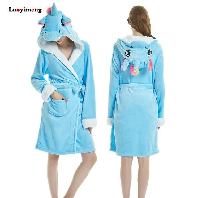 2019 Winter Thick Warm Women Unicorn Nightgowns Coral Fleece Kimono Robe Bath Suit Stitch Panda Sleepwear Animal Long Nightwear