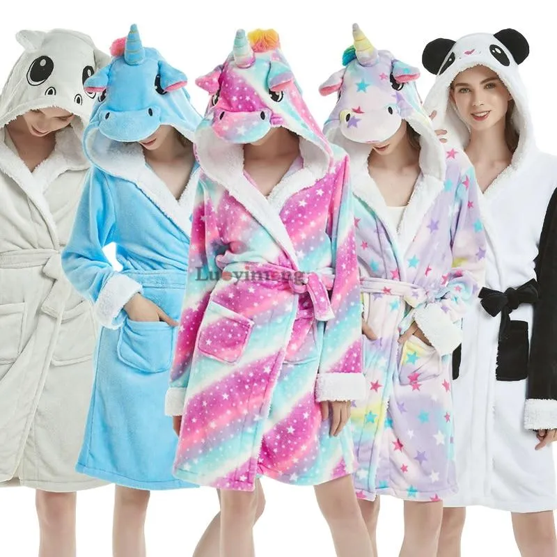 2019 Winter Thick Warm Women Unicorn Nightgowns Coral Fleece Kimono Robe Bath Suit Stitch Panda Sleepwear Animal Long Nightwear