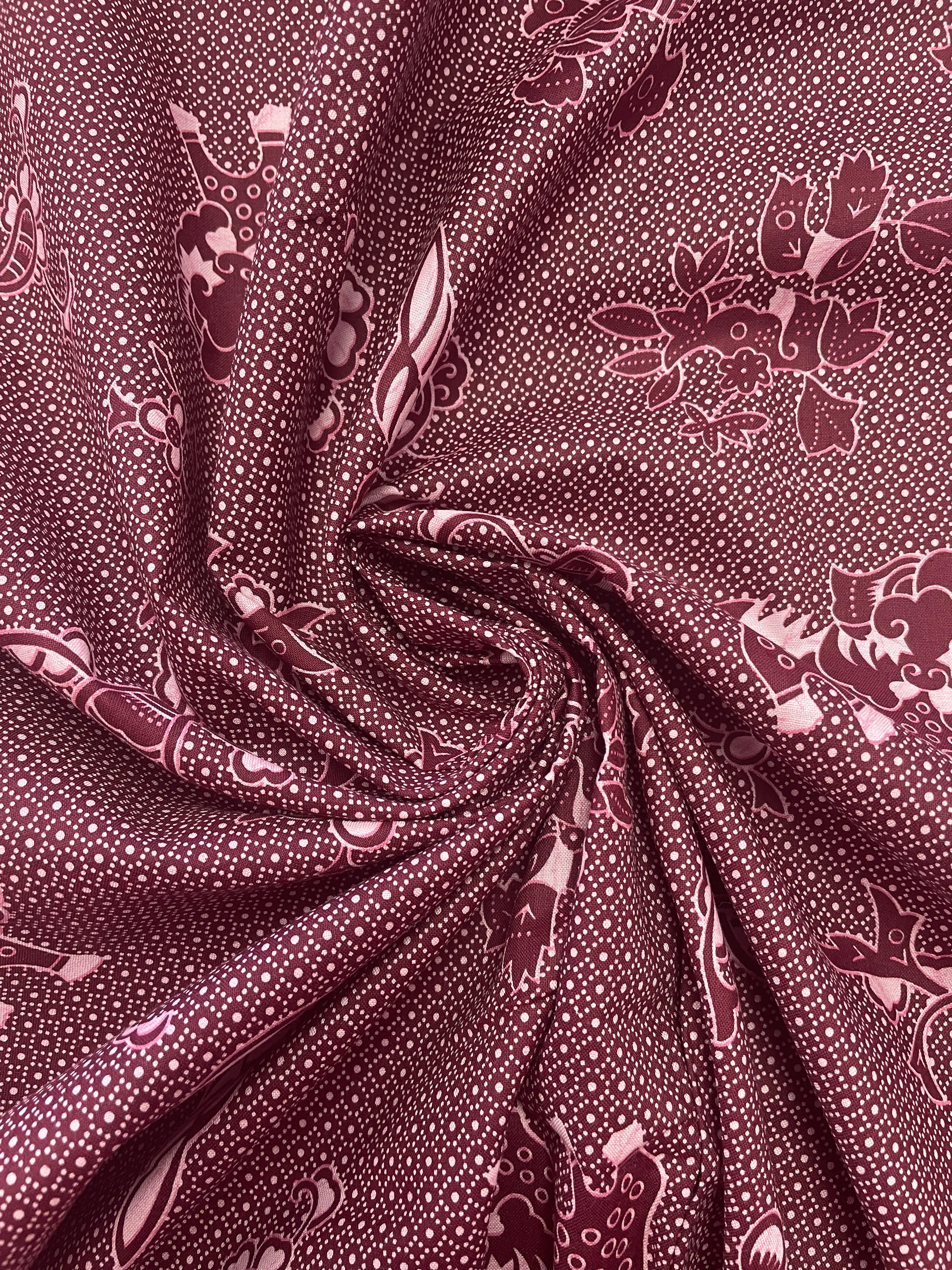 3 YD Quilting Cotton Faux Batik Print - Burgundy with Animals and Flowers