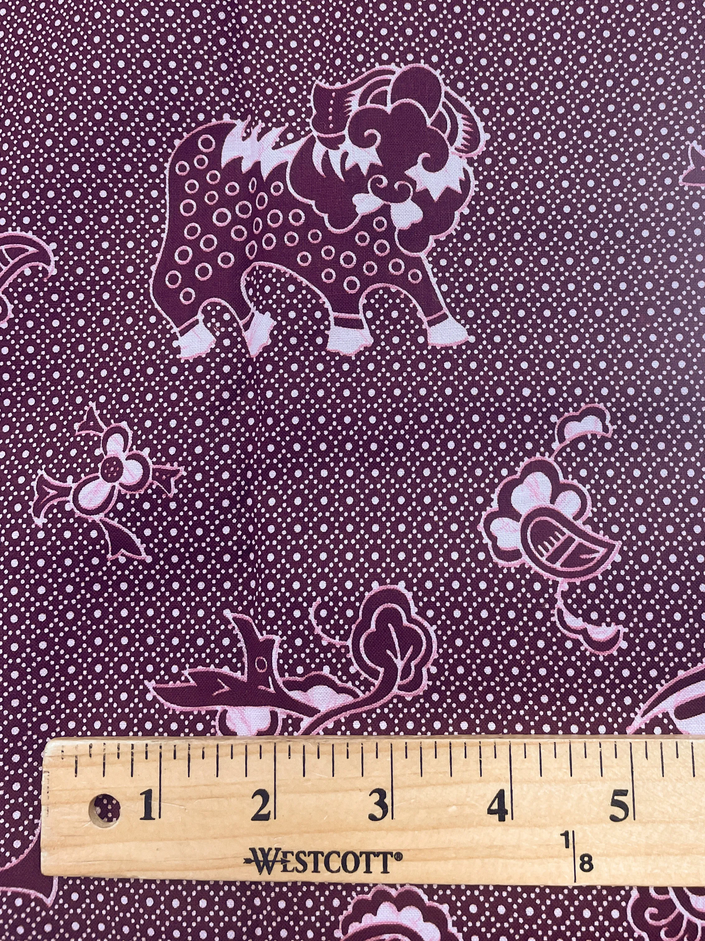 3 YD Quilting Cotton Faux Batik Print - Burgundy with Animals and Flowers