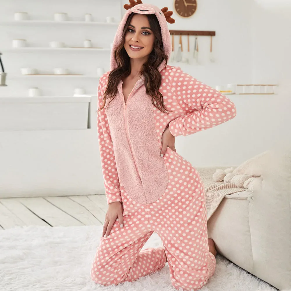 Adult Deer Onesie Pajamas Women Cartoon Animal Christmas Costume Reindeer Onepiece Sleepwear Jumpsuit