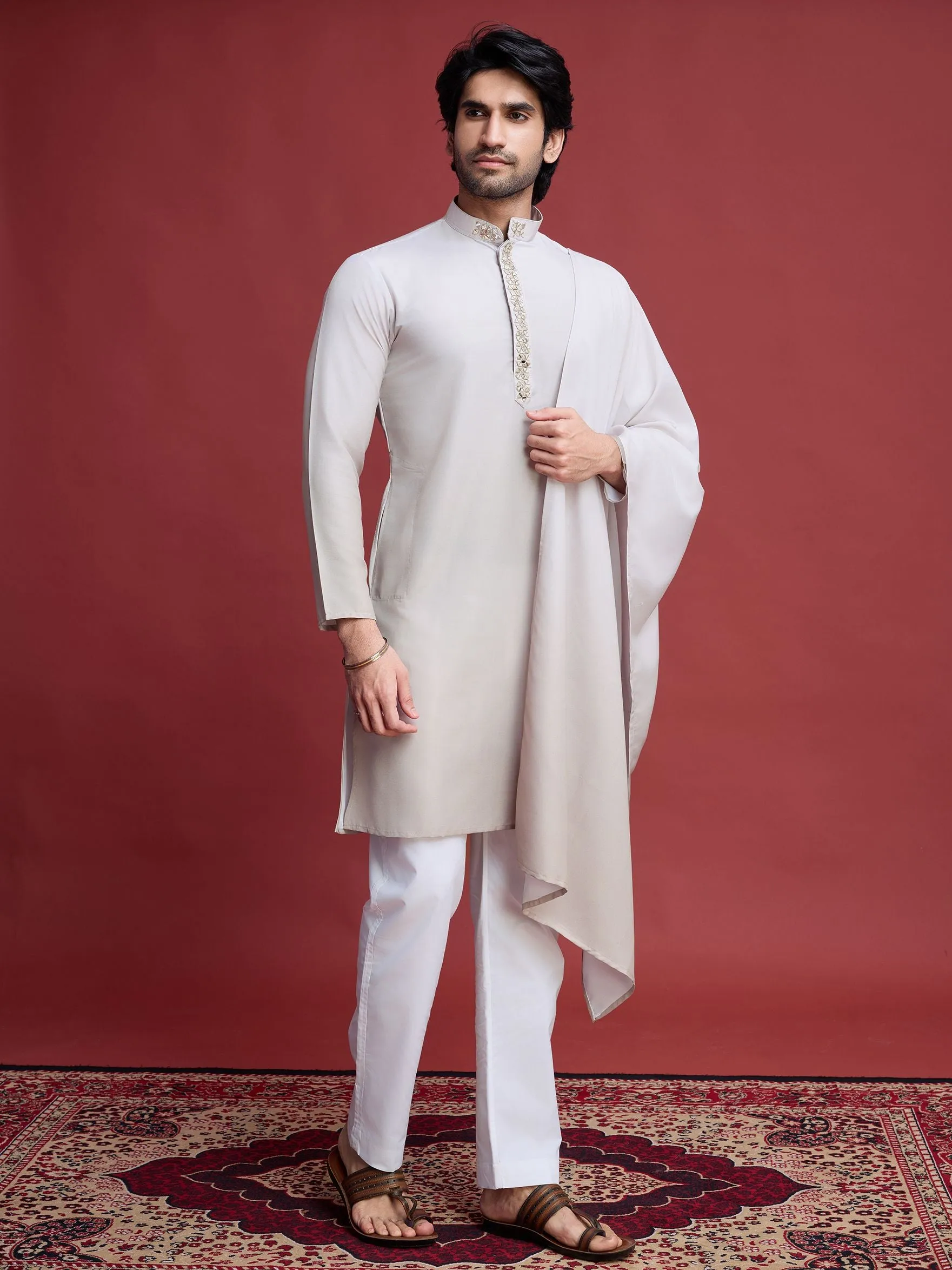 Beige Colour Reyon Silk With Mirror Work Kurta Payjama With Duppata