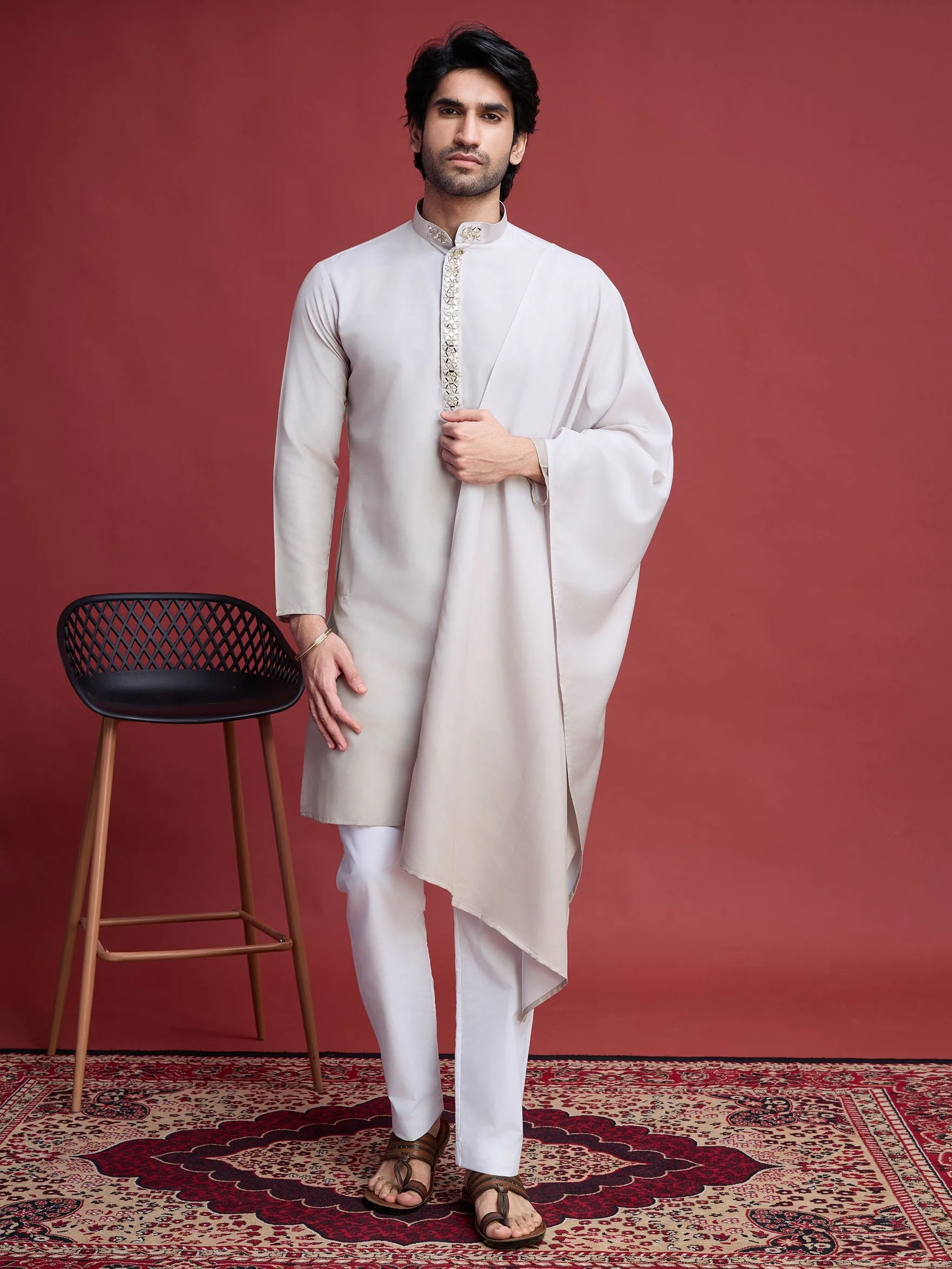 Beige Colour Reyon Silk With Mirror Work Kurta Payjama With Duppata
