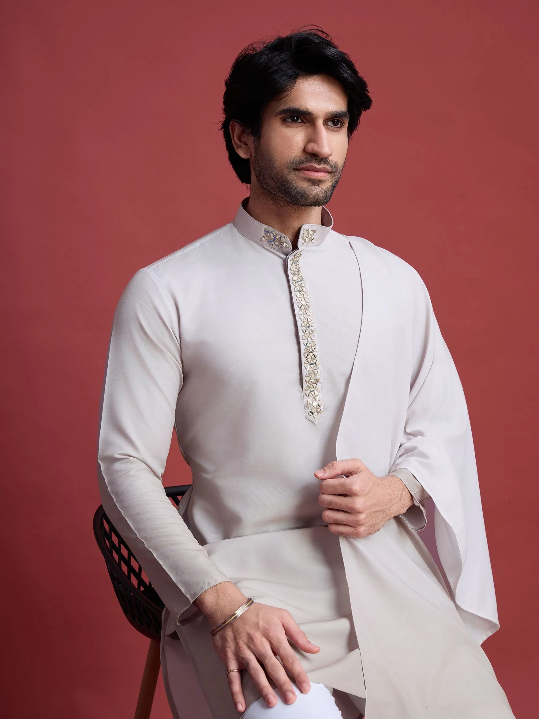 Beige Colour Reyon Silk With Mirror Work Kurta Payjama With Duppata