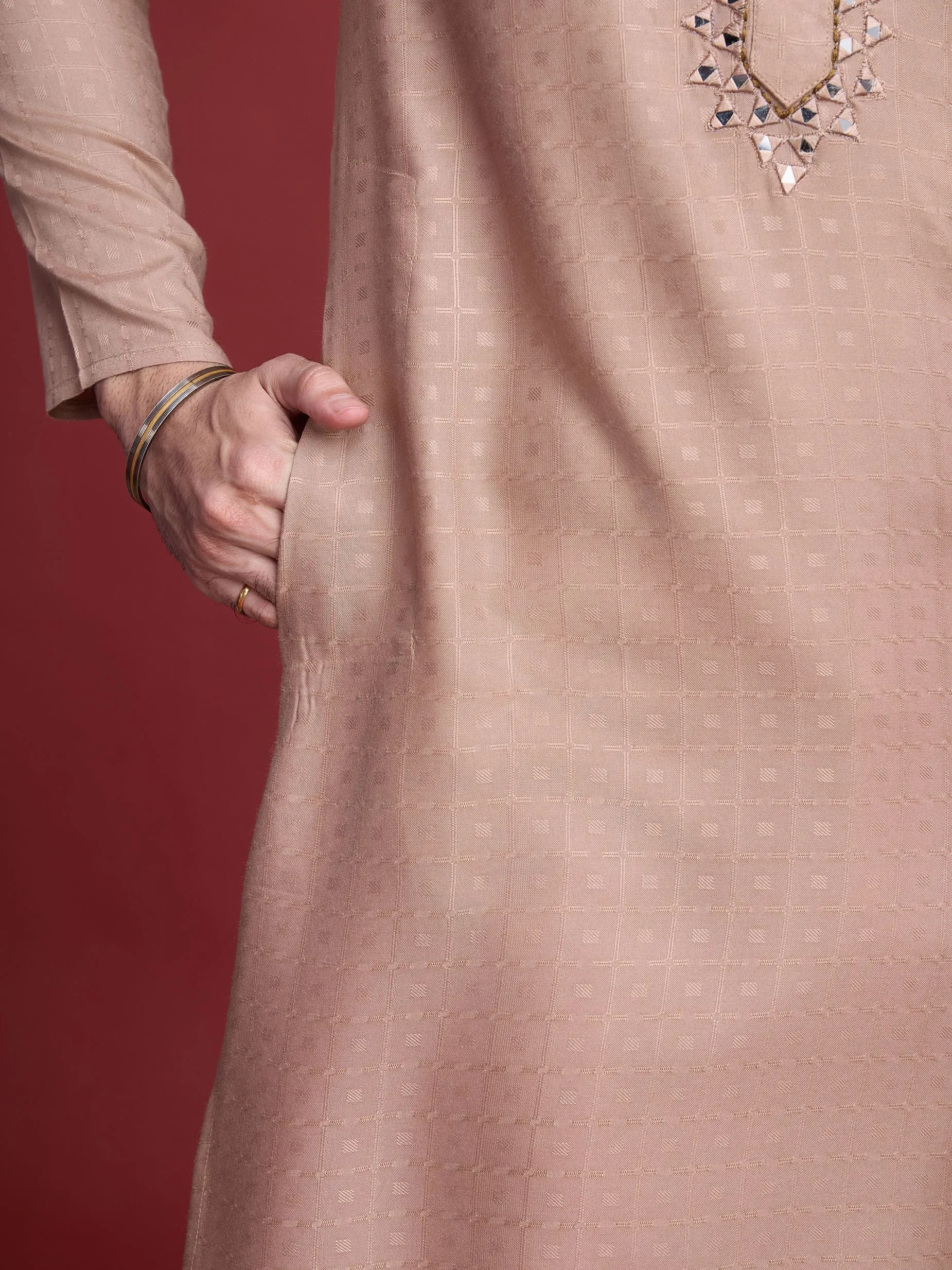 Beige Colour Reyon Silk With Mirror Work Kurta Payjama