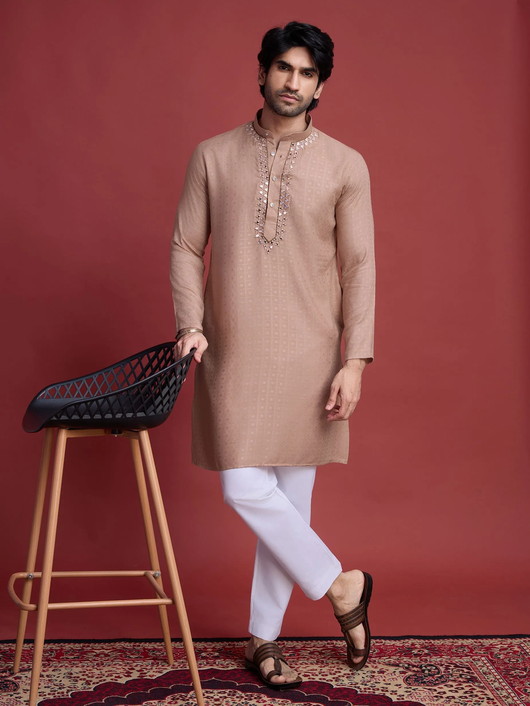Beige Colour Reyon Silk With Mirror Work Kurta Payjama