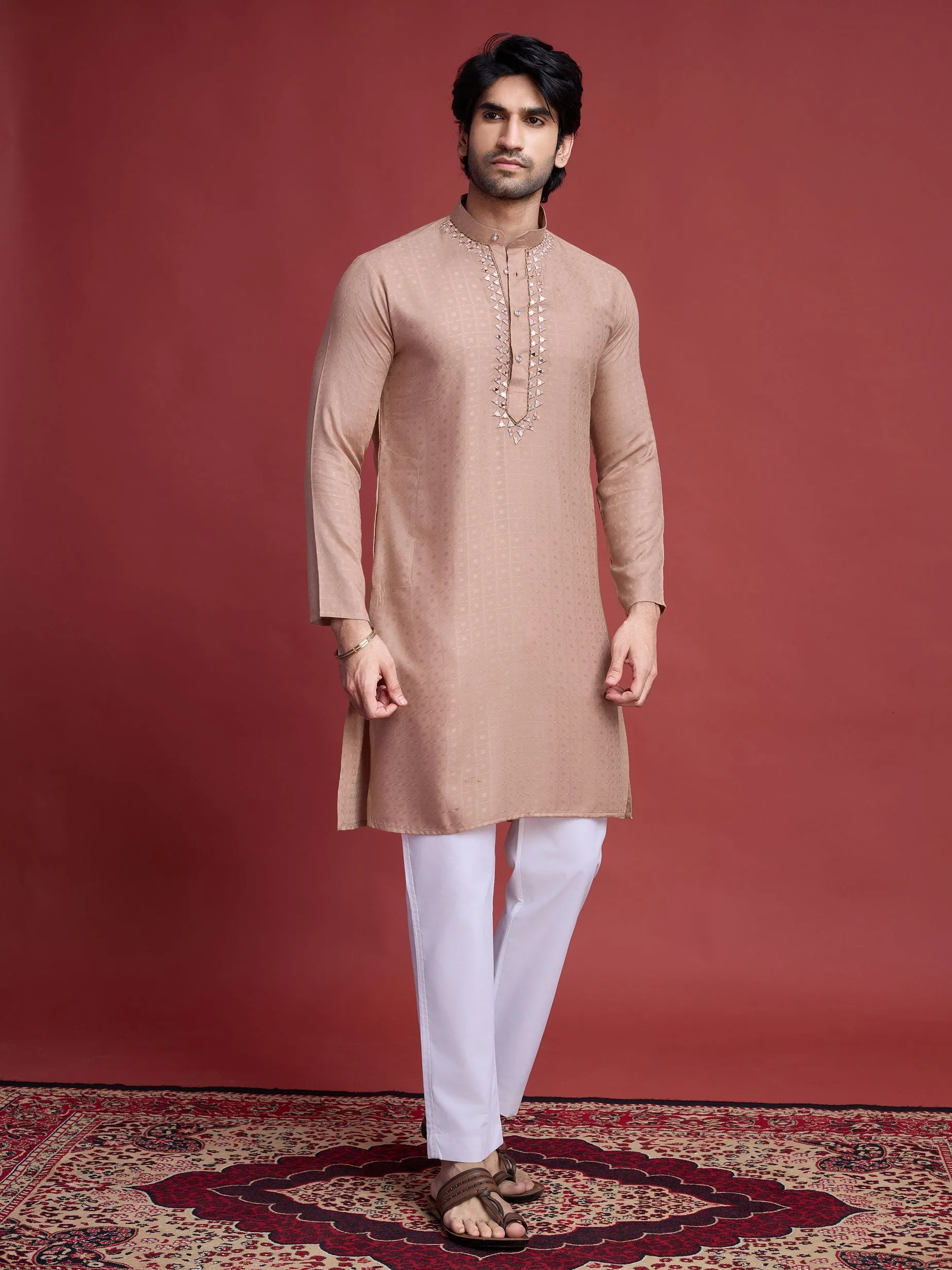 Beige Colour Reyon Silk With Mirror Work Kurta Payjama