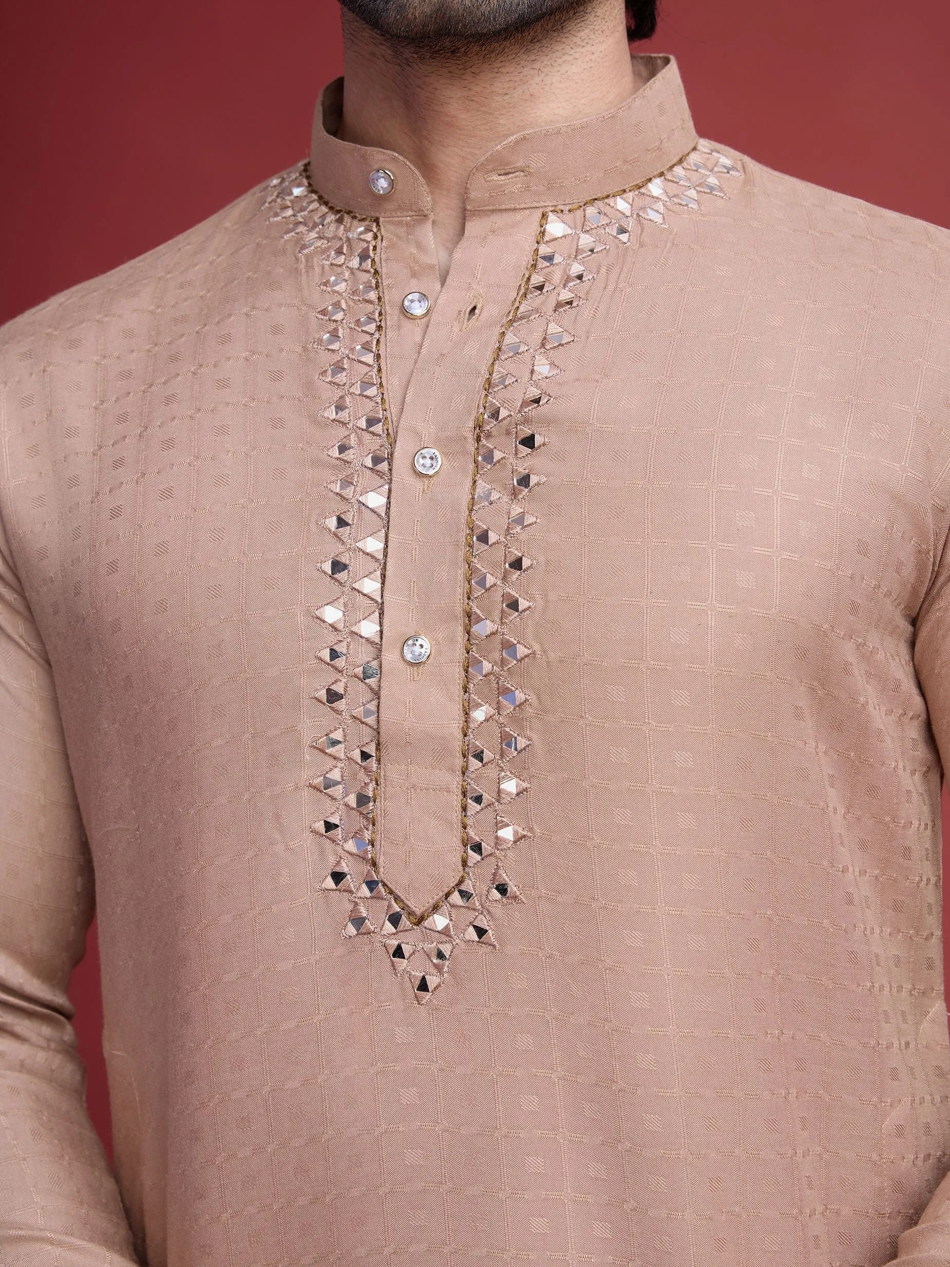 Beige Colour Reyon Silk With Mirror Work Kurta Payjama