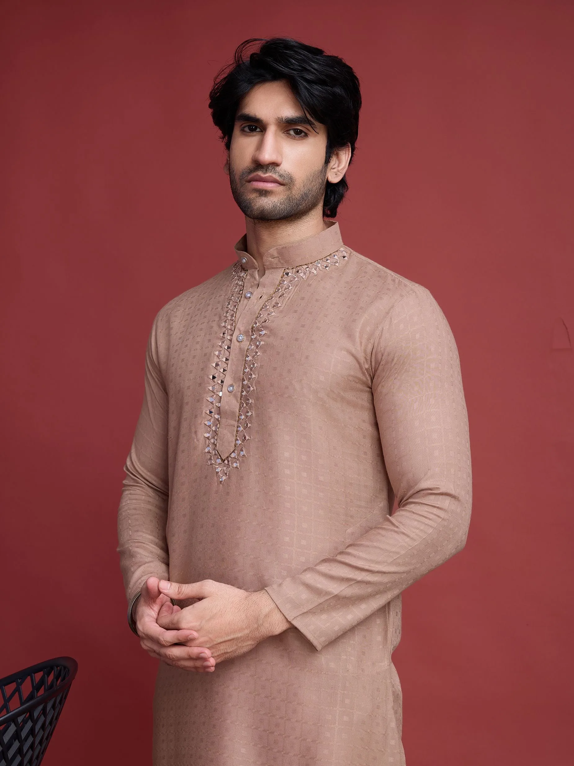 Beige Colour Reyon Silk With Mirror Work Kurta Payjama