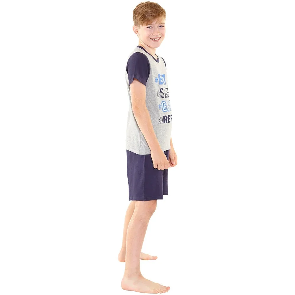 Boys Eat Sleep Game Repeat Shortie Grey & Black Pyjamas
