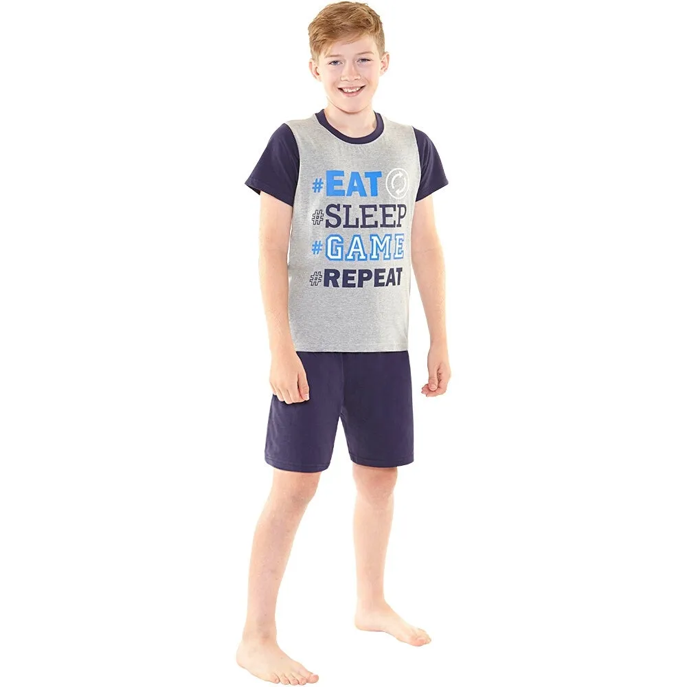 Boys Eat Sleep Game Repeat Shortie Grey & Black Pyjamas