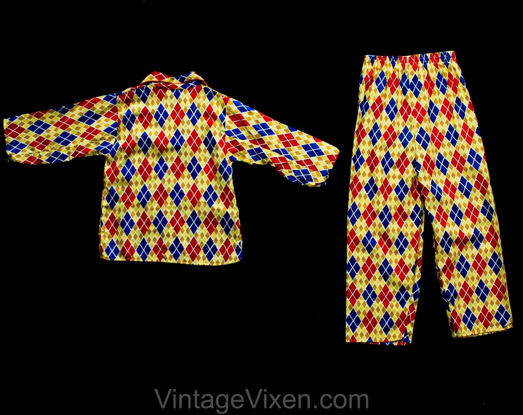 Boy's Size 8 Flannel Pajama Set - 1960s Child's Boys 60s PJ Shirt & Pant - Burnt Orange Blue Yellow Diamond Argyle Harlequin - 60s Deadstock