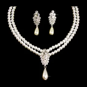 Bridal Wedding Jewelry Set Crystal 2 Strand Pearl Sophisticate Necklace