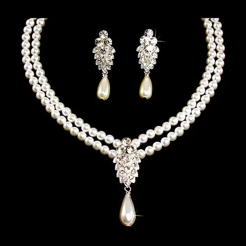 Bridal Wedding Jewelry Set Crystal 2 Strand Pearl Sophisticate Necklace