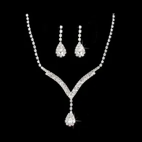 Bridal Wedding Jewelry Set Necklace Earring Crystal Rhinestone LG V Drop Silver