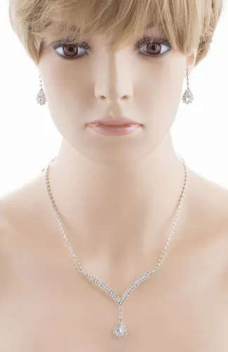 Bridal Wedding Jewelry Set Necklace Earring Crystal Rhinestone LG V Drop Silver