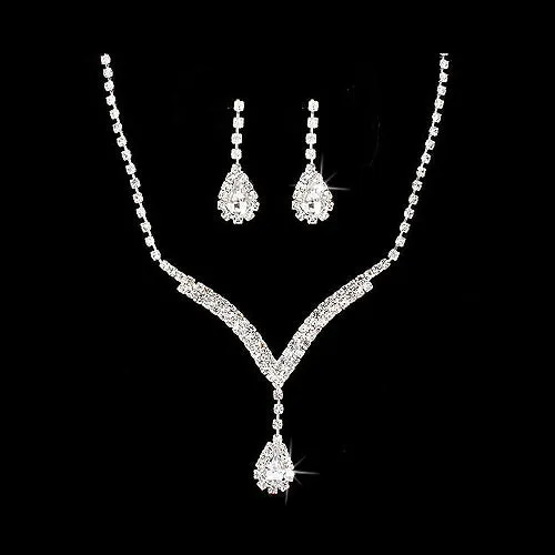 Bridal Wedding Jewelry Set Necklace Earring Crystal Rhinestone LG V Drop Silver