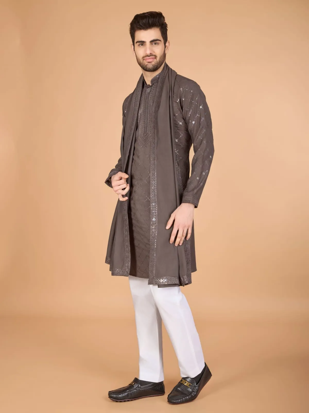 Brown Colour Viscose Silk Heavy Thread Work Kurta Payjama