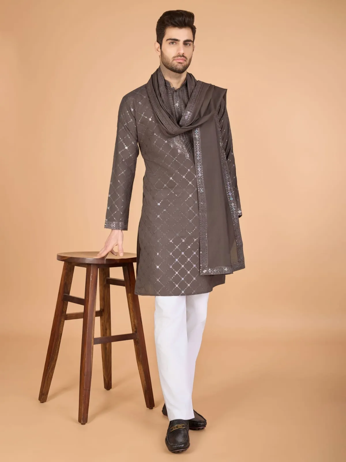 Brown Colour Viscose Silk Heavy Thread Work Kurta Payjama