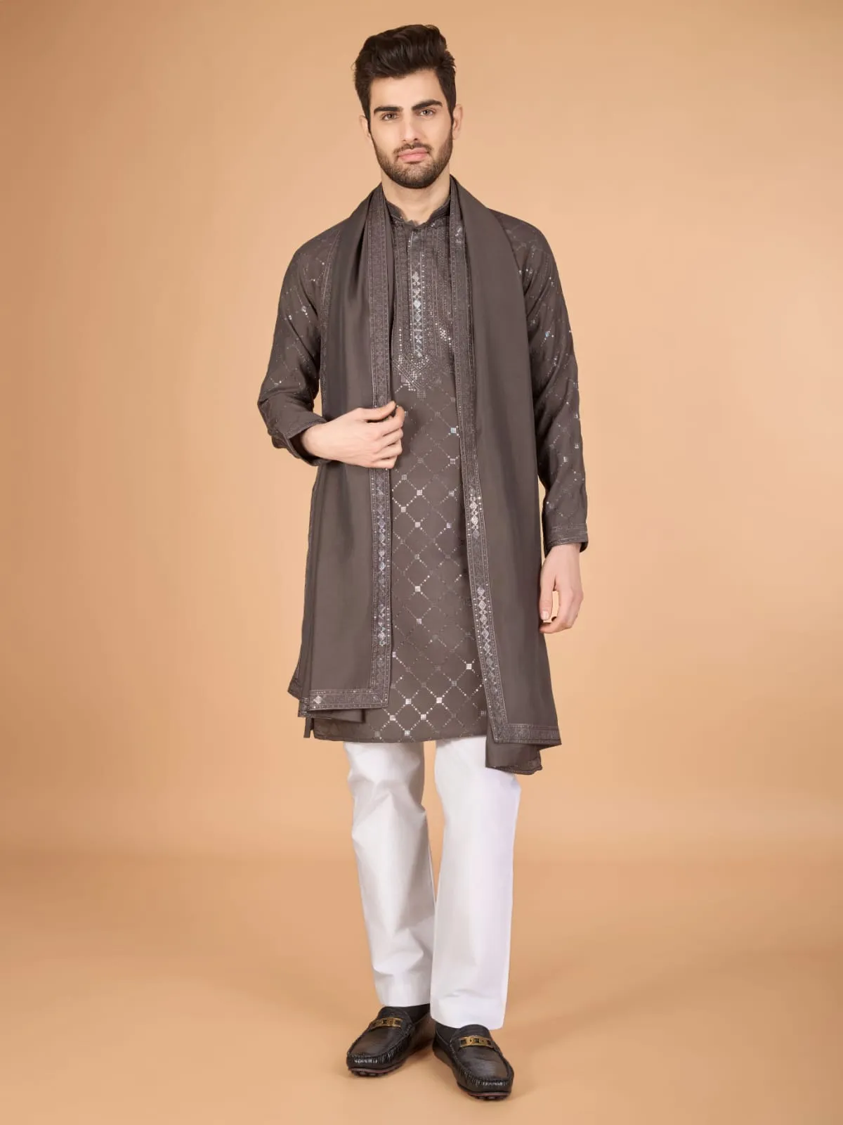 Brown Colour Viscose Silk Heavy Thread Work Kurta Payjama