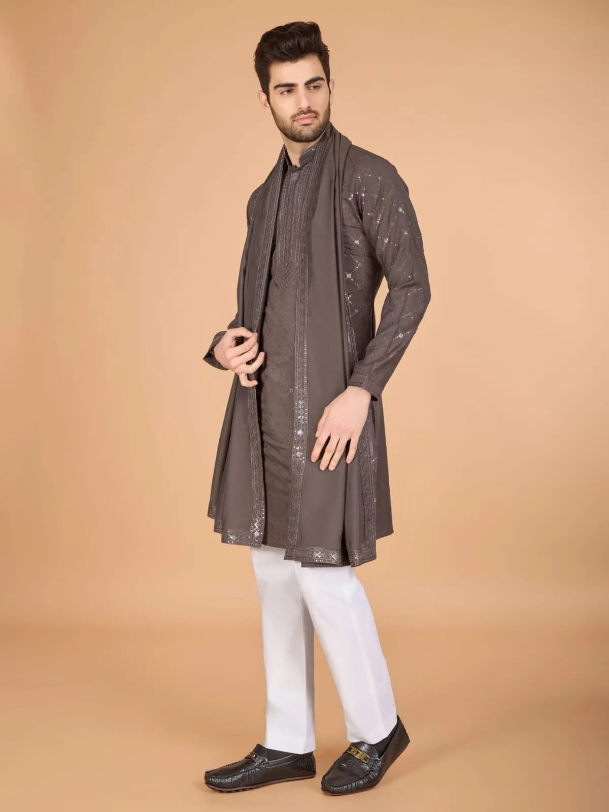 Brown Colour Viscose Silk Heavy Thread Work Kurta Payjama
