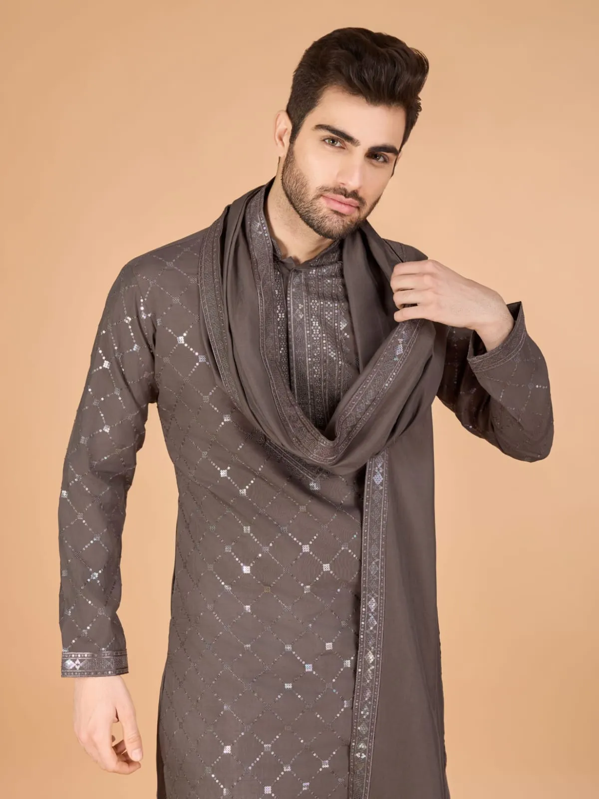 Brown Colour Viscose Silk Heavy Thread Work Kurta Payjama