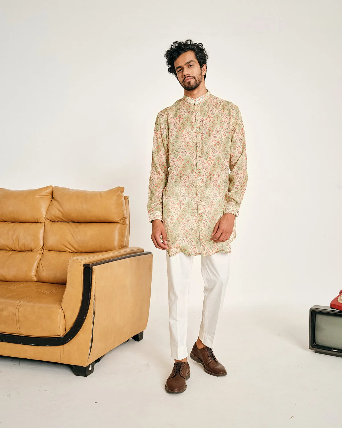 Cream and Green Gul Malai Cotton Kurta Pajama Set