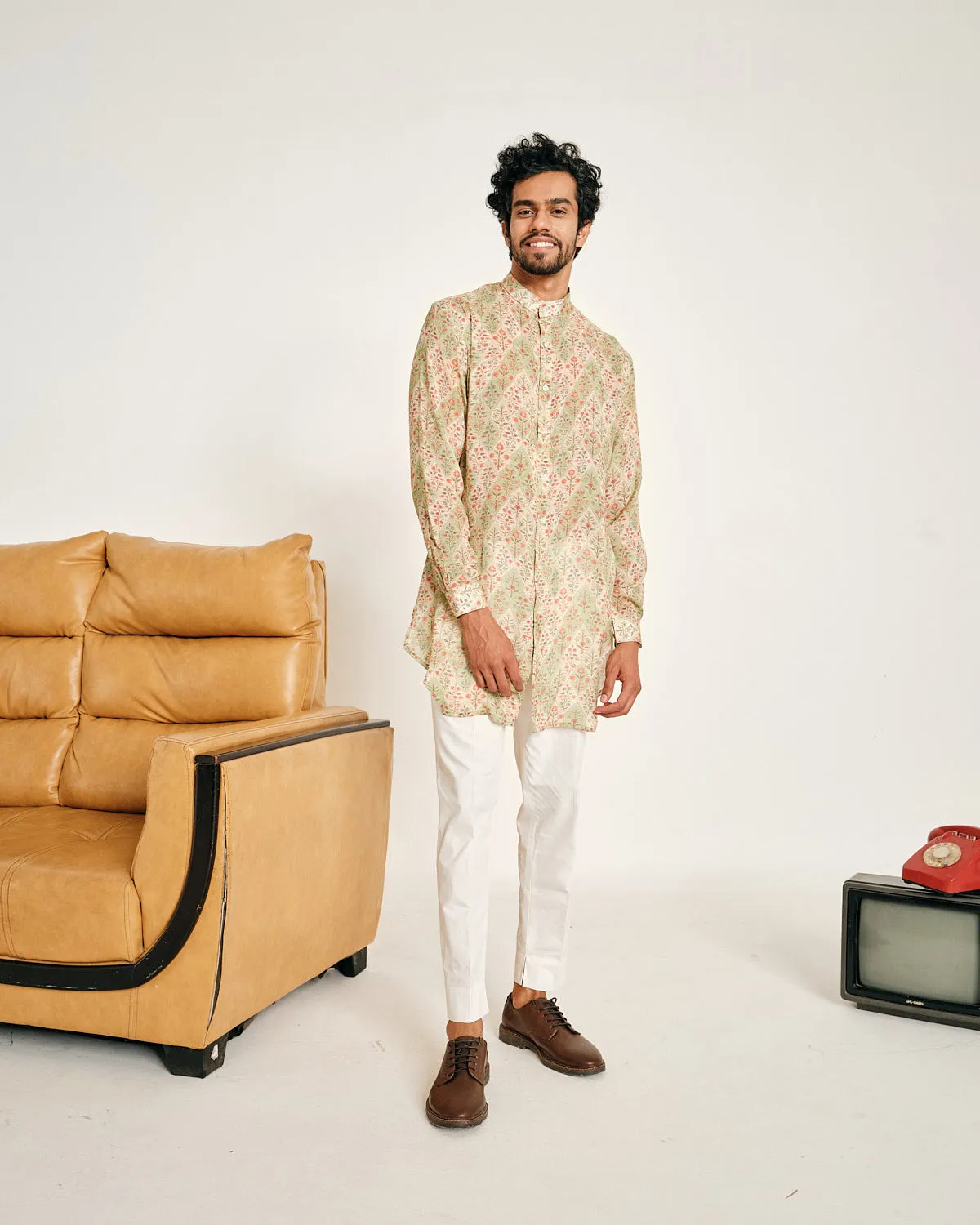 Cream and Green Gul Malai Cotton Kurta Pajama Set