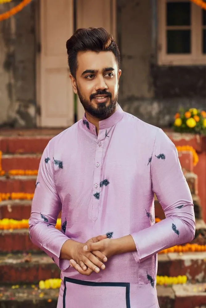 Dusty Pink Colour Art Silk Heavy Thread Work Kurta Payjama
