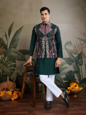 Green Viscose Rajwadi Silk Heavy Thread Work Kurta Payjama With Koti Jacket