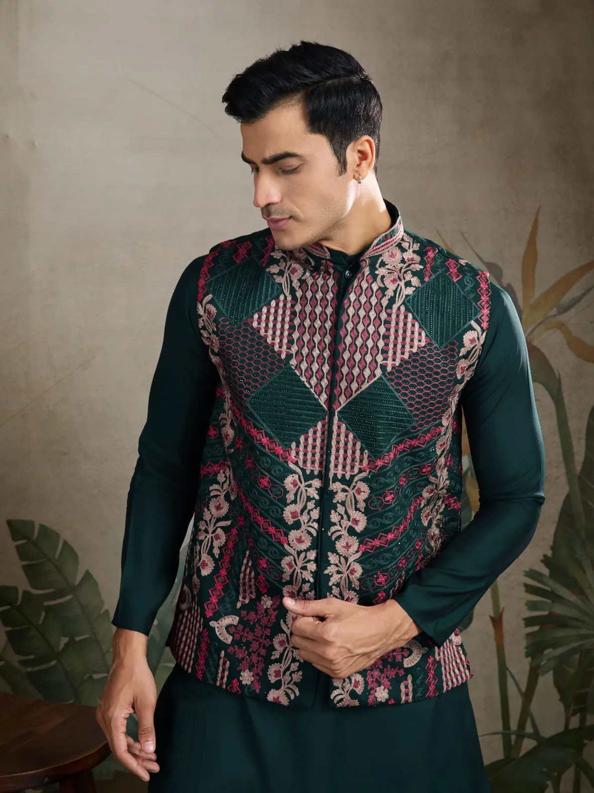 Green Viscose Rajwadi Silk Heavy Thread Work Kurta Payjama With Koti Jacket
