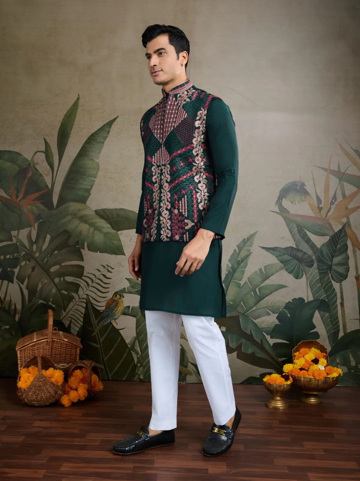 Green Viscose Rajwadi Silk Heavy Thread Work Kurta Payjama With Koti Jacket