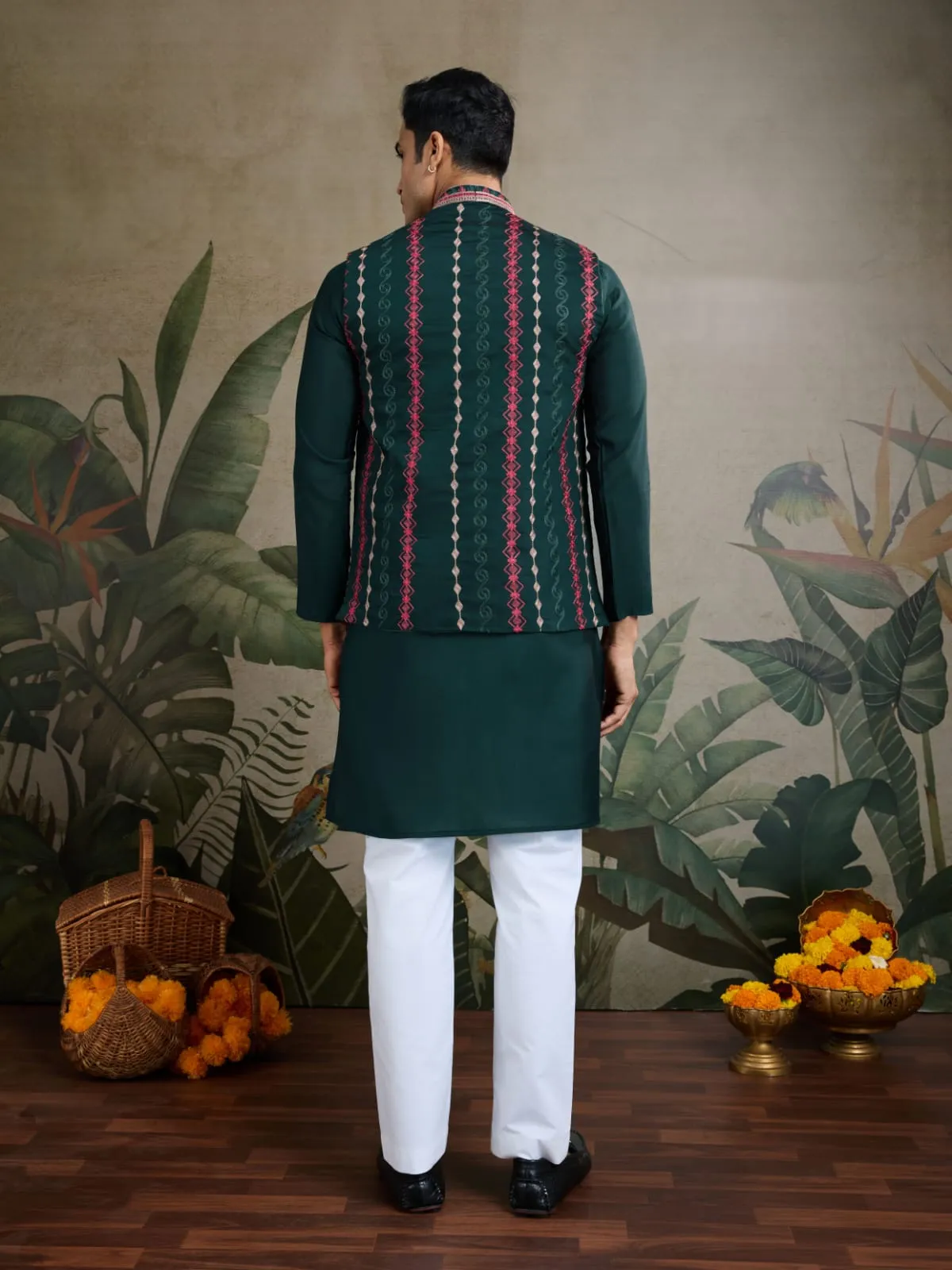 Green Viscose Rajwadi Silk Heavy Thread Work Kurta Payjama With Koti Jacket