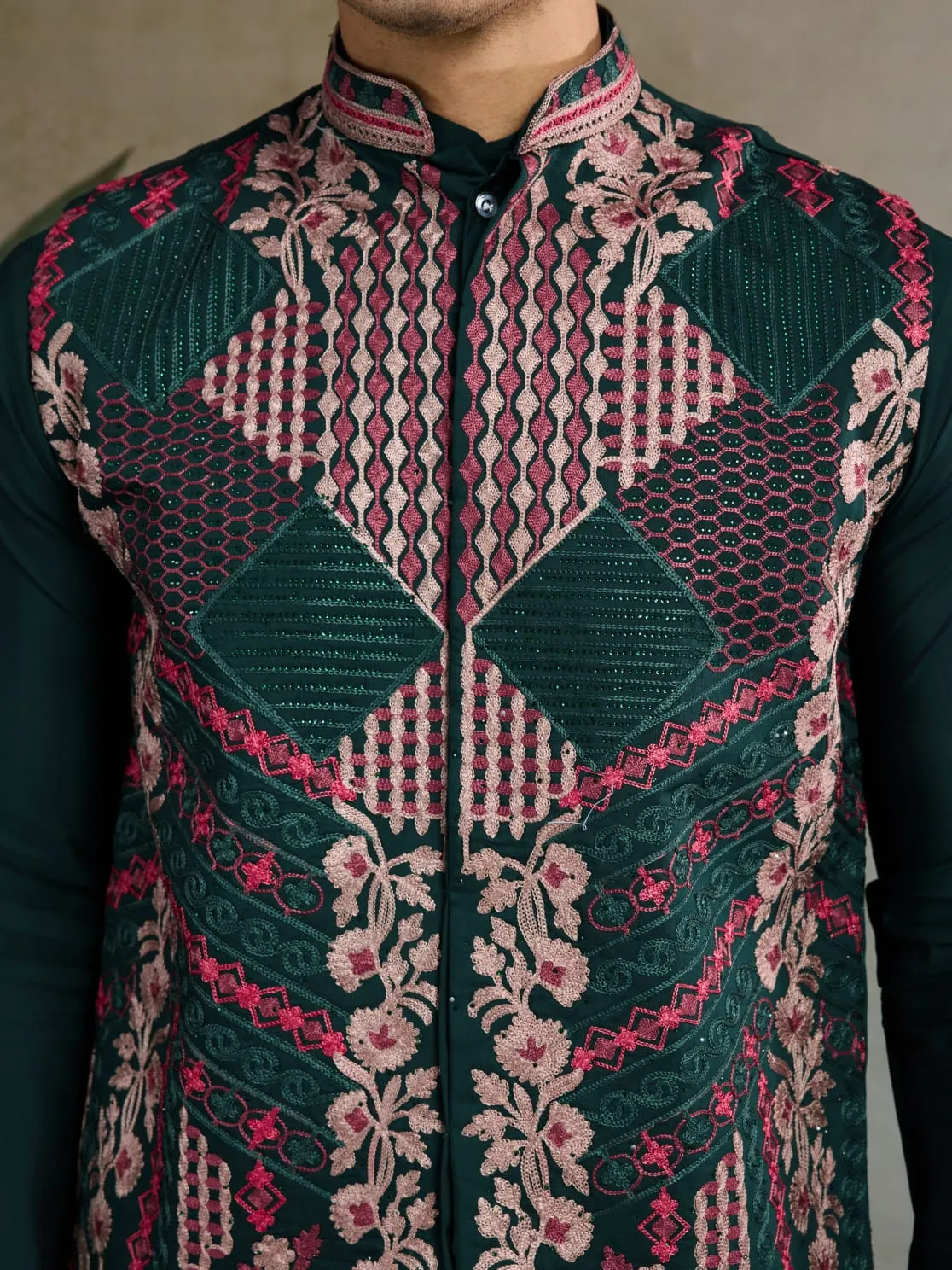 Green Viscose Rajwadi Silk Heavy Thread Work Kurta Payjama With Koti Jacket