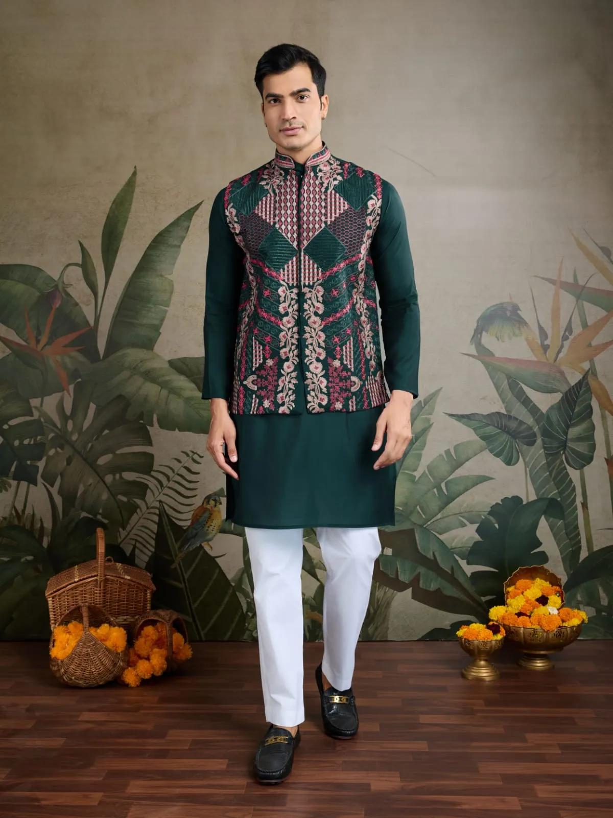 Green Viscose Rajwadi Silk Heavy Thread Work Kurta Payjama With Koti Jacket