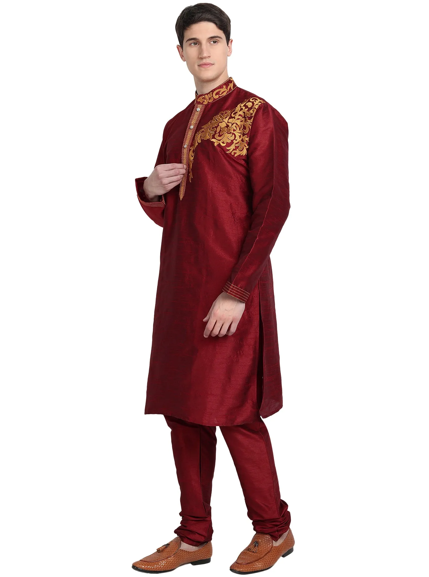 Kurta Pajama 2-Piece Set For Men Art Silk Party Wear Festive Dress Red