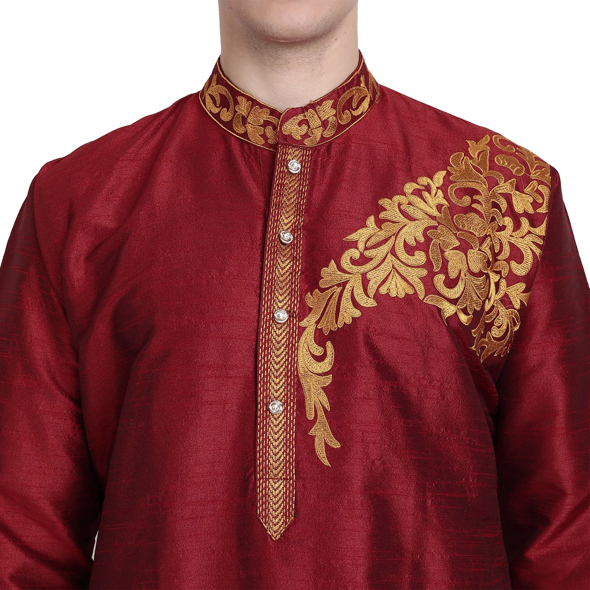 Kurta Pajama 2-Piece Set For Men Art Silk Party Wear Festive Dress Red