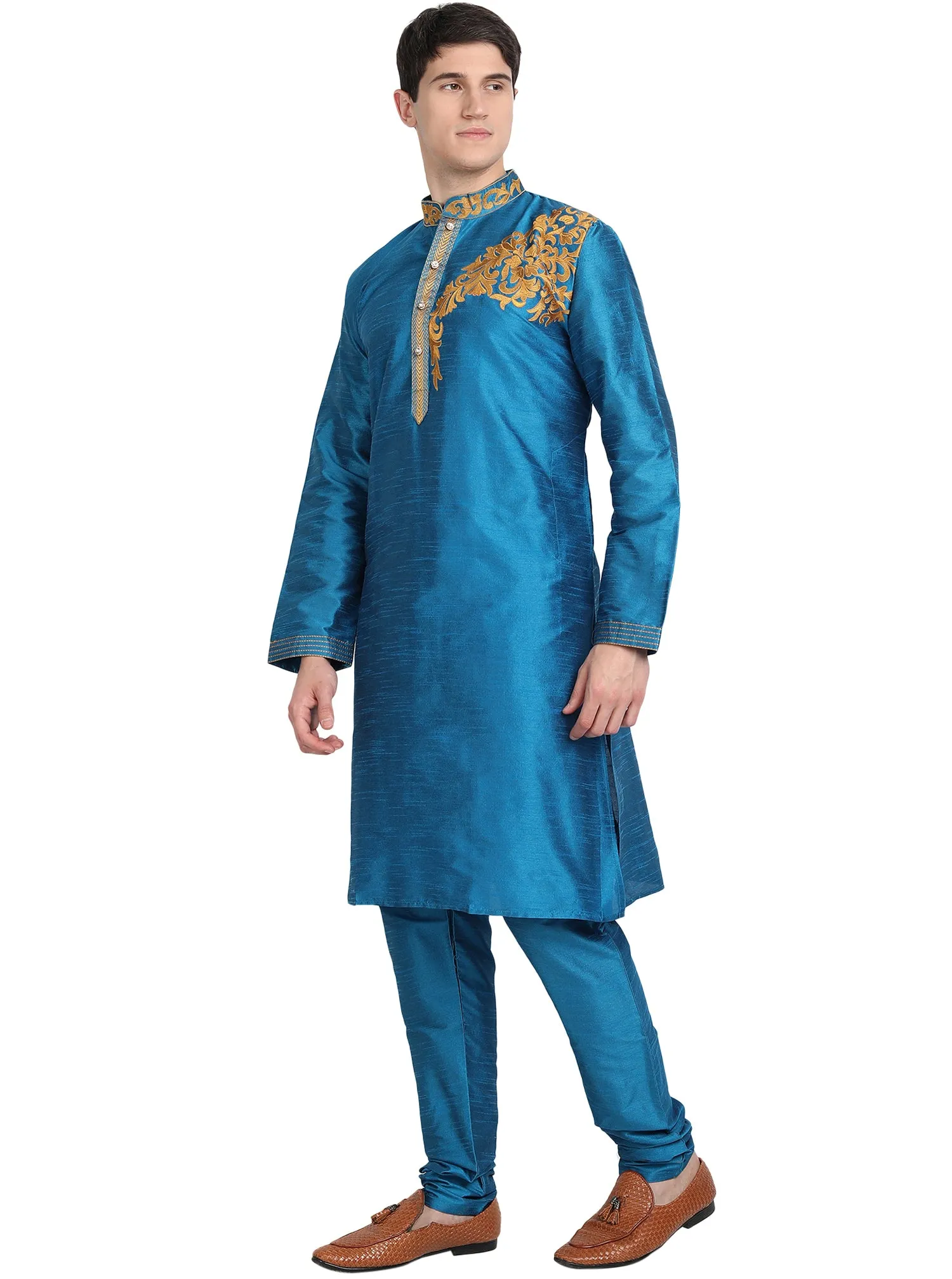 Kurta Pajama 2-Piece Set For Men Art Silk Party Wear Festive Dress Turquoise