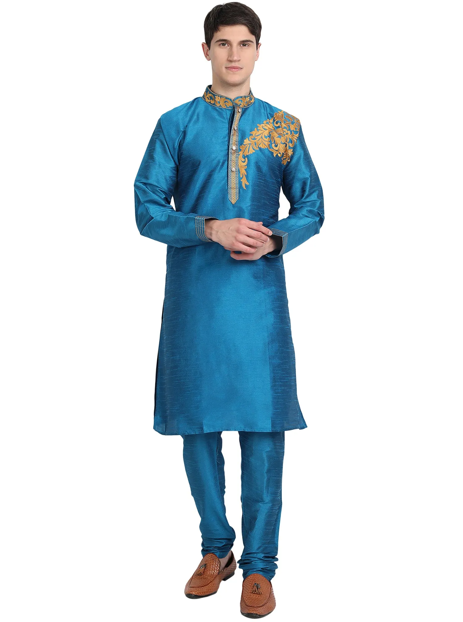 Kurta Pajama 2-Piece Set For Men Art Silk Party Wear Festive Dress Turquoise