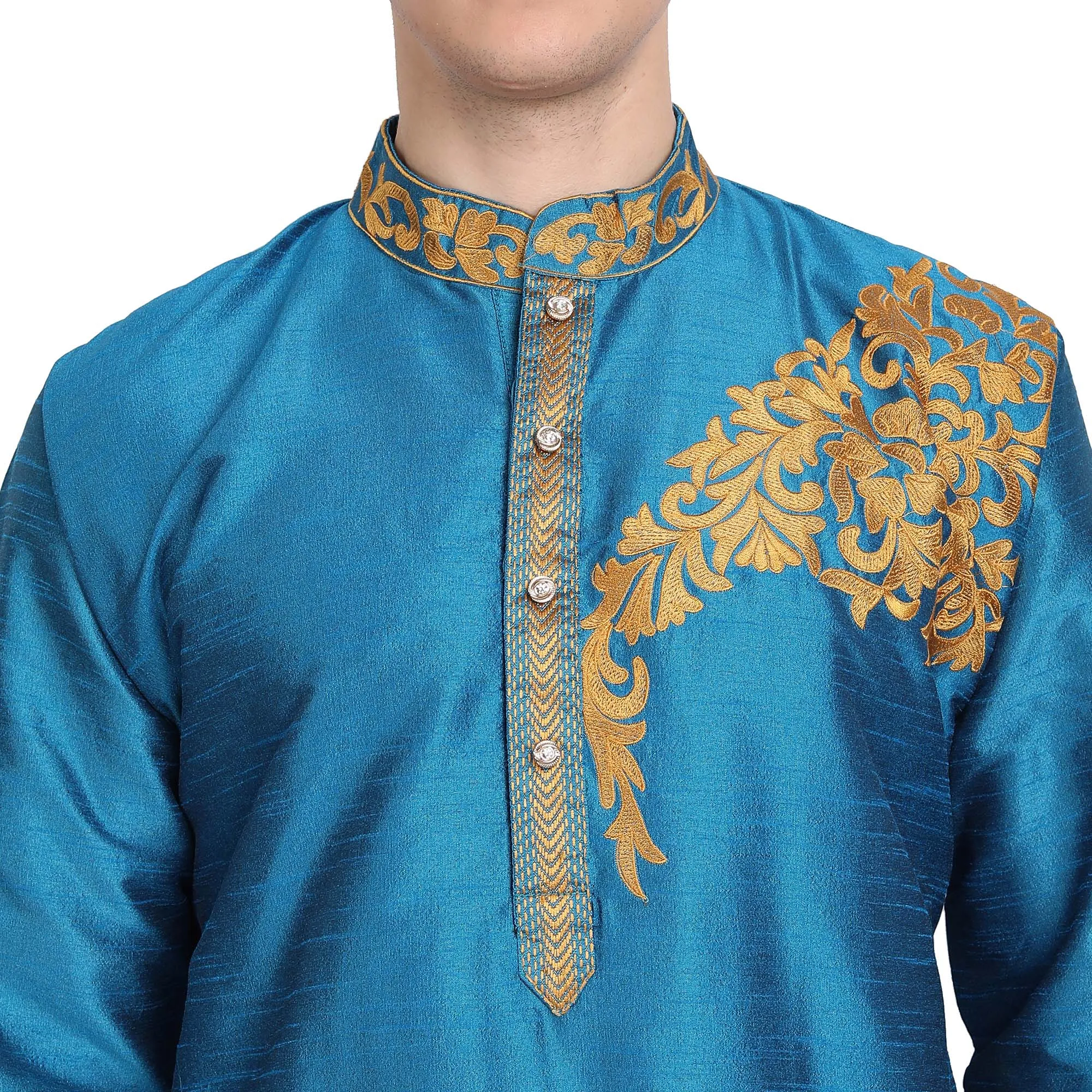 Kurta Pajama 2-Piece Set For Men Art Silk Party Wear Festive Dress Turquoise
