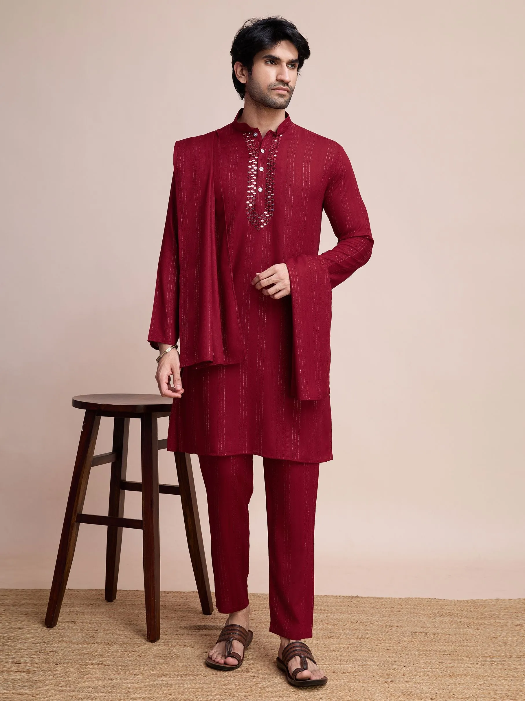 Maroon Colour Viscose Silk With Heavy Mirror Work Kurta Payjama