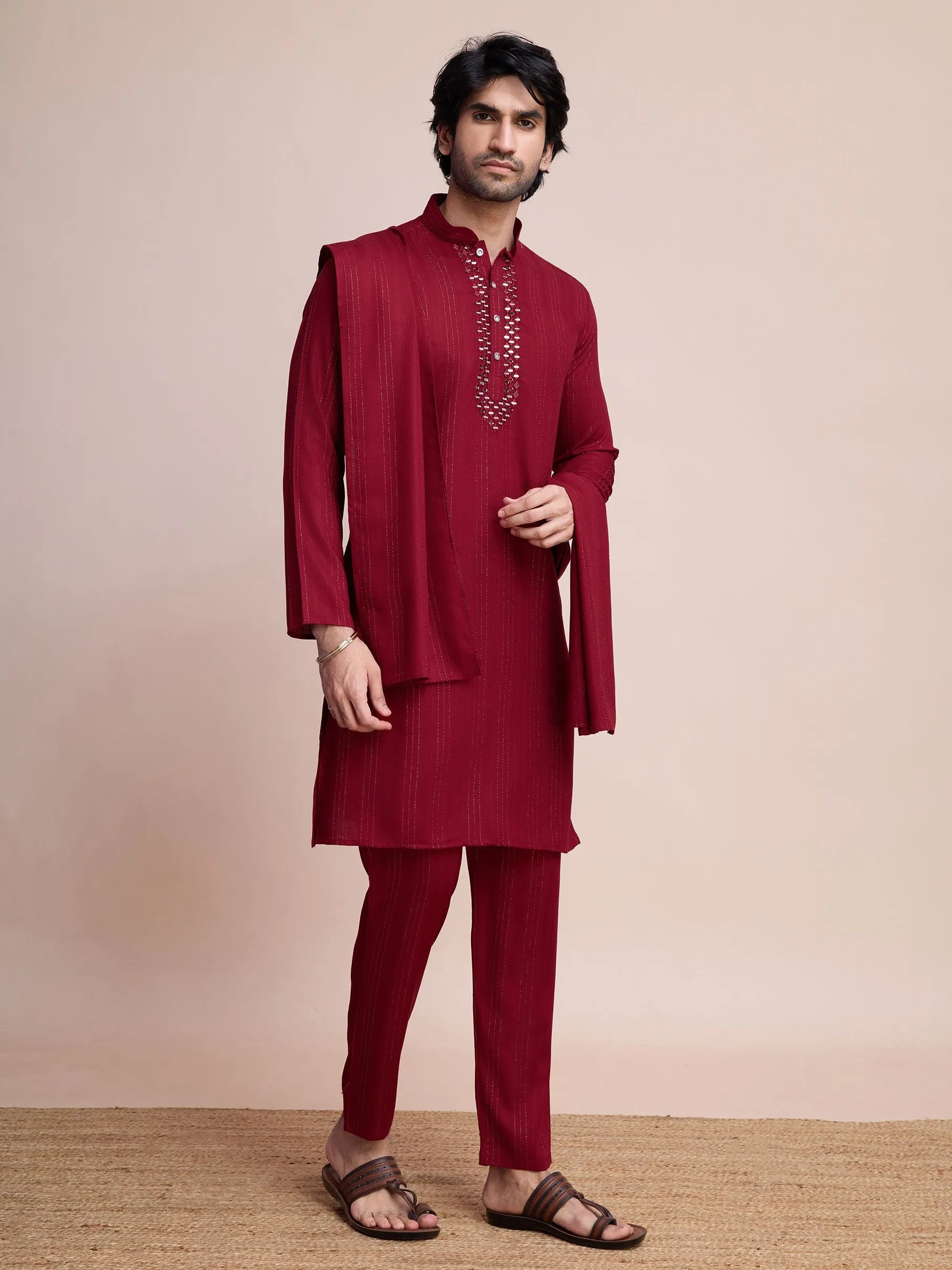 Maroon Colour Viscose Silk With Heavy Mirror Work Kurta Payjama