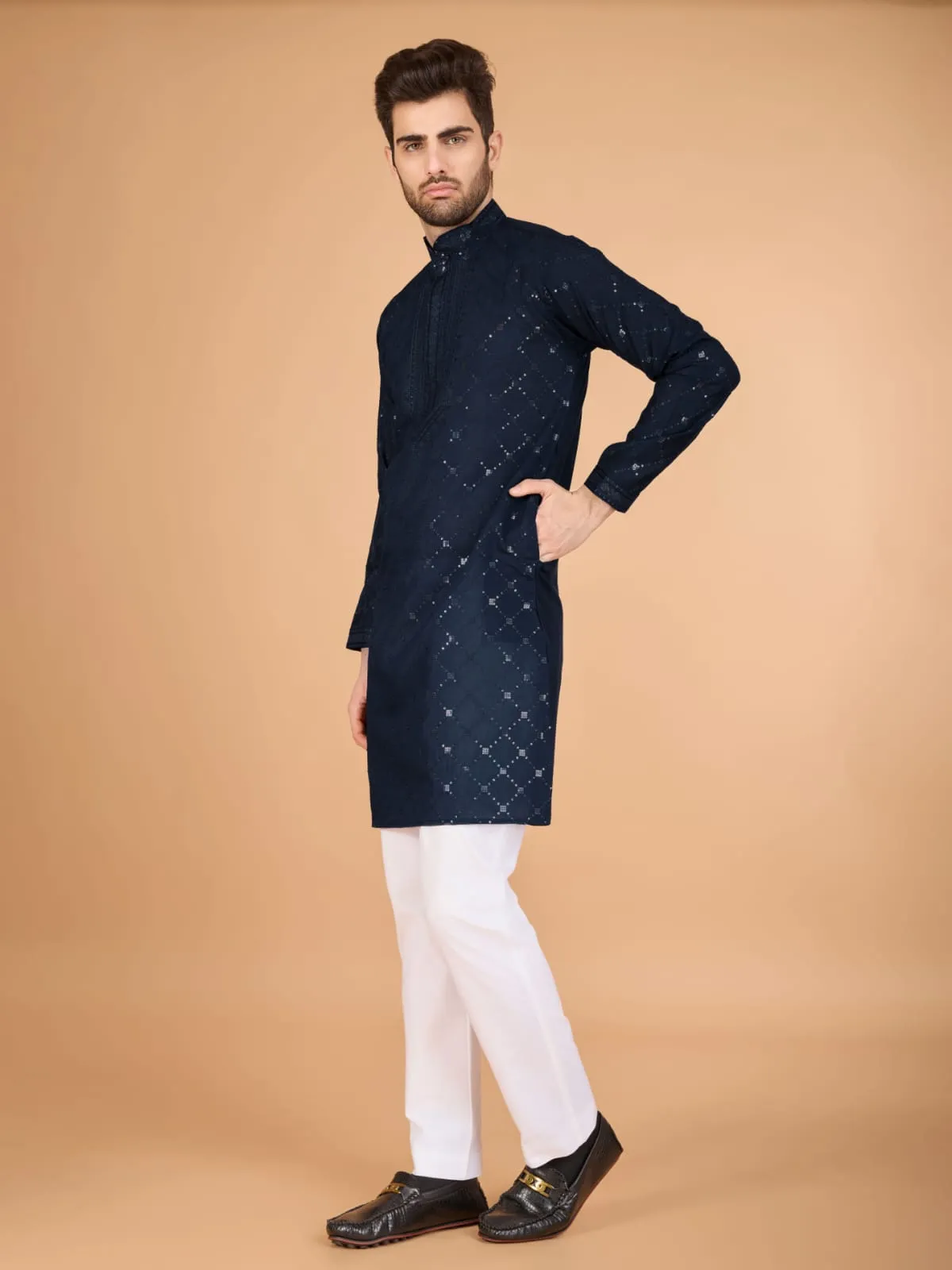 Nevy Blue Colour Viscose Silk Heavy Thread Work Kurta Payjama