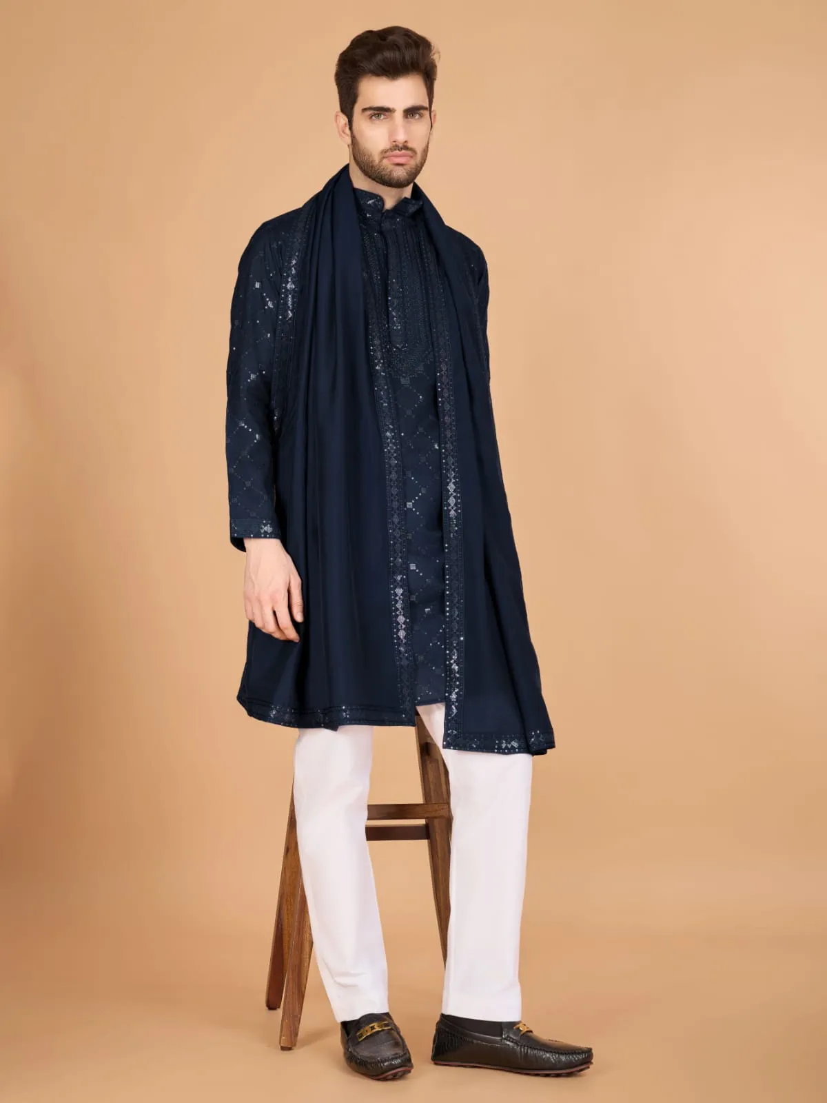 Nevy Blue Colour Viscose Silk Heavy Thread Work Kurta Payjama